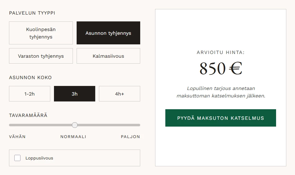 Tammipalvelut hintalaskuri