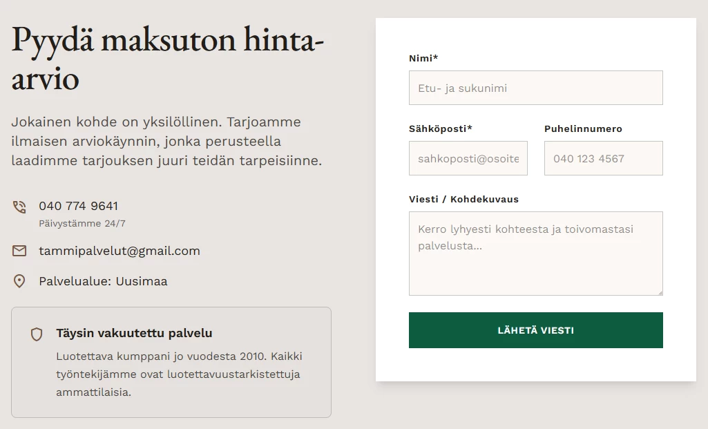 Tammipalvelut.fi yhteydenottolomake